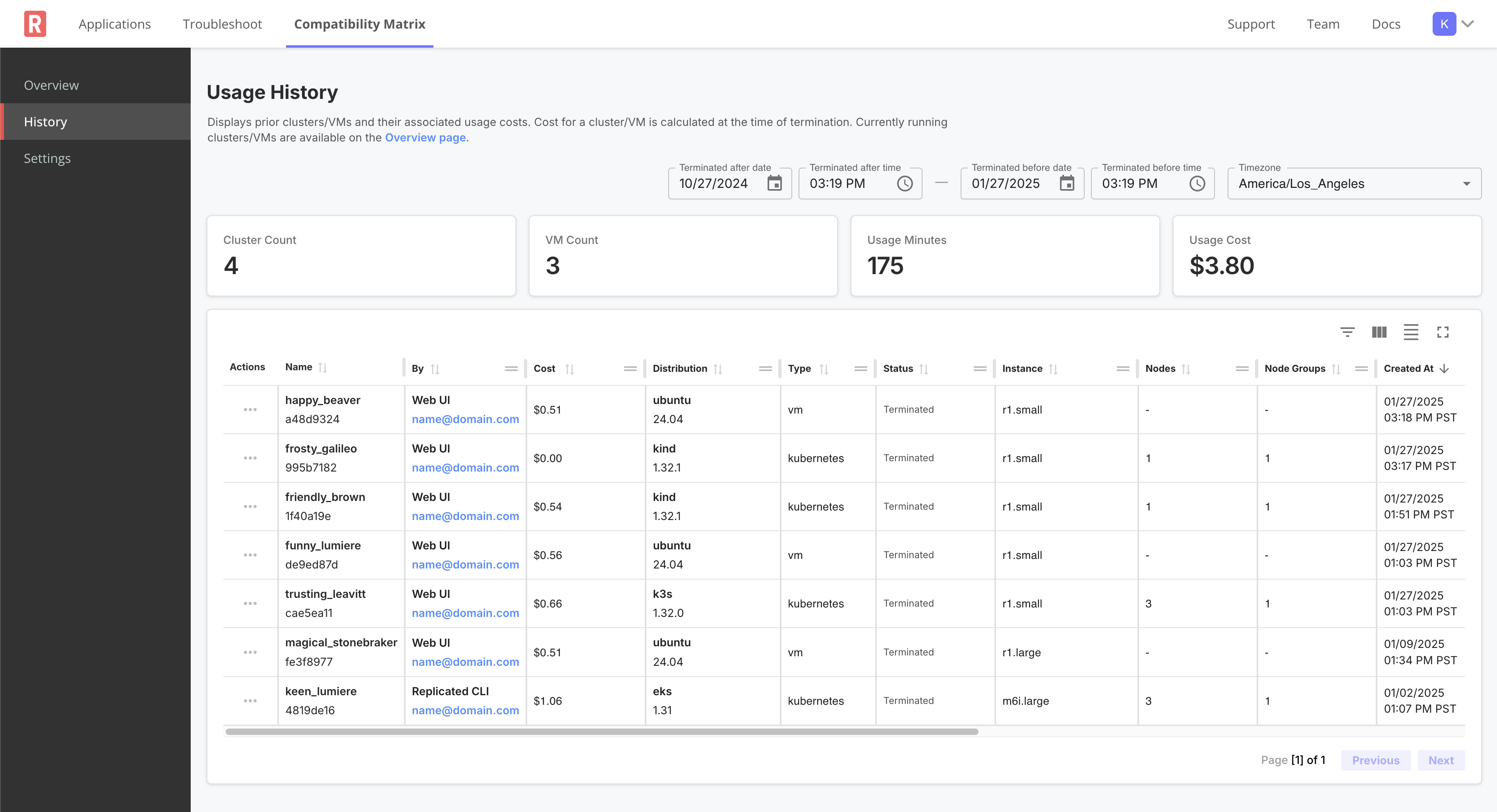 Compatibility Matrix History Page