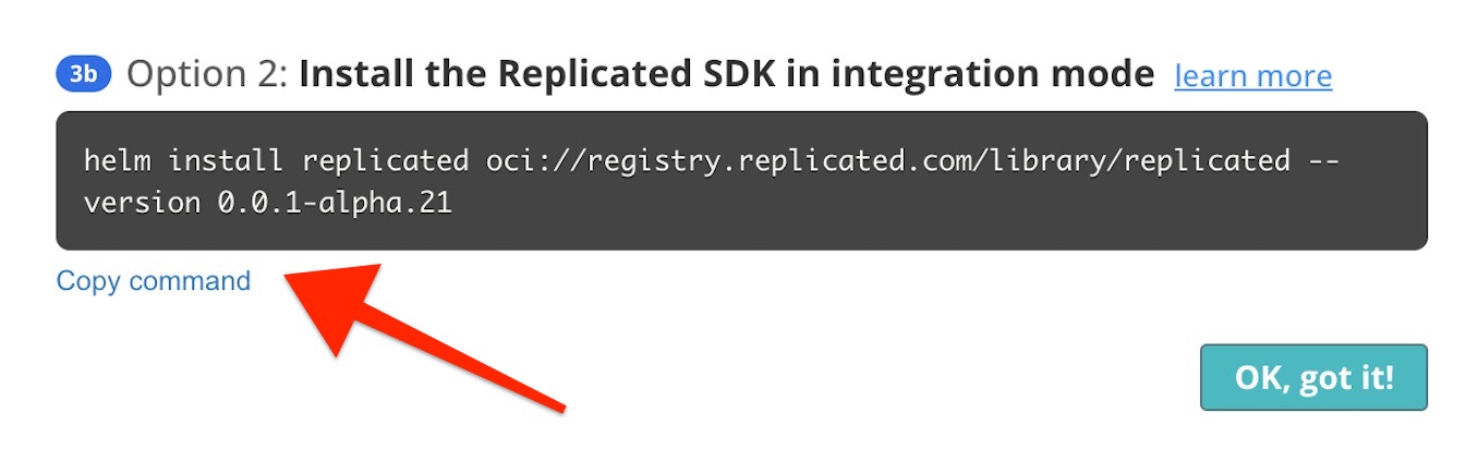SDK integration mode install command in the Helm install instructions dialog