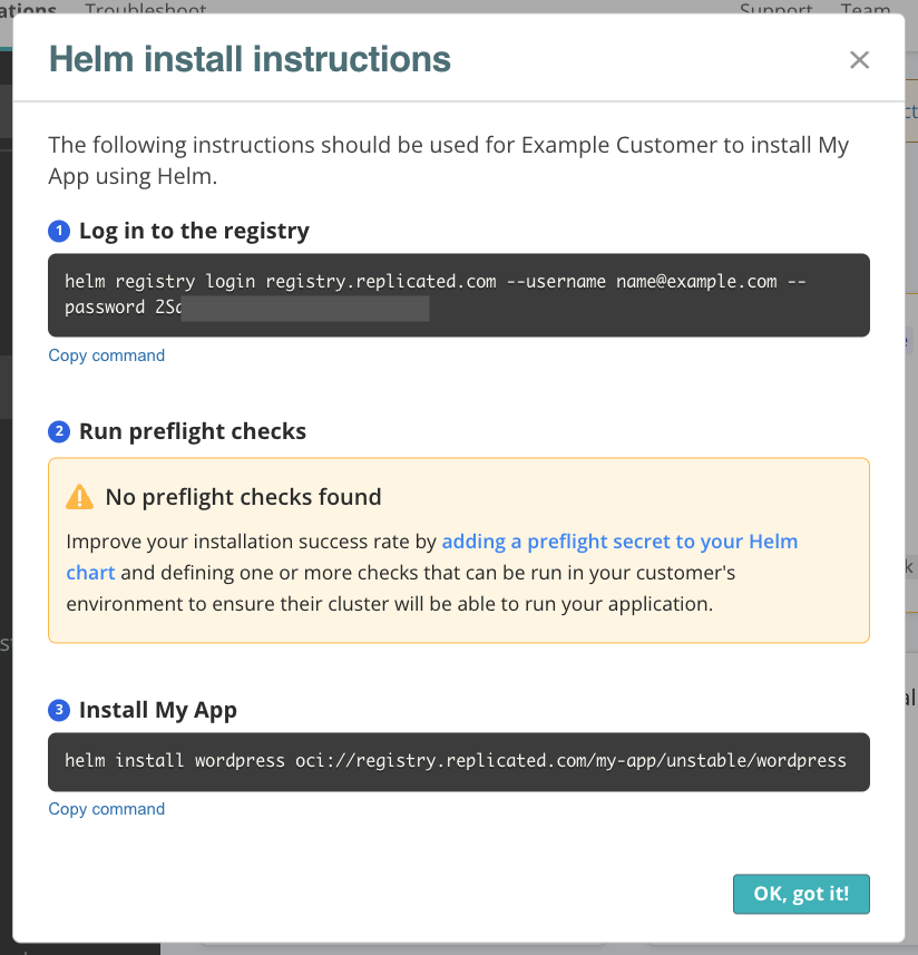 Helm install instructions dialog